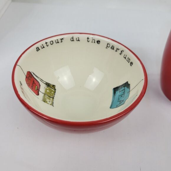 Maisons du Monde Tea Mug Cup & Bowl Set Red & Tan Invitation to Travel NWT - Picture 3 of 10